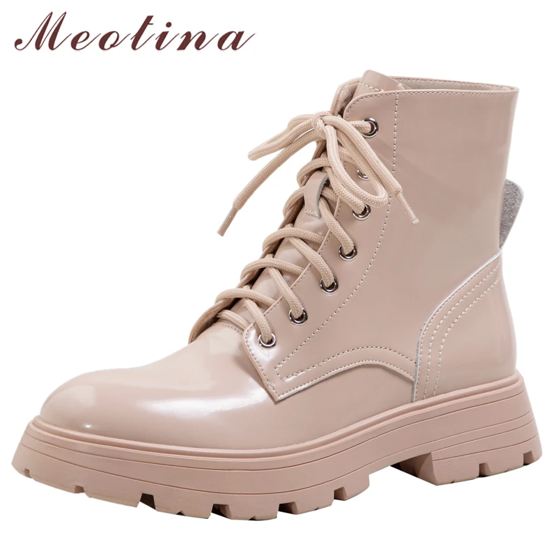 

Женские мотоциклетные ботинки Meotina, зеленые ботинки из натуральной кожи, на плоской платформе, на шнуровке, с круглым носком, размеры 34-40, осе...