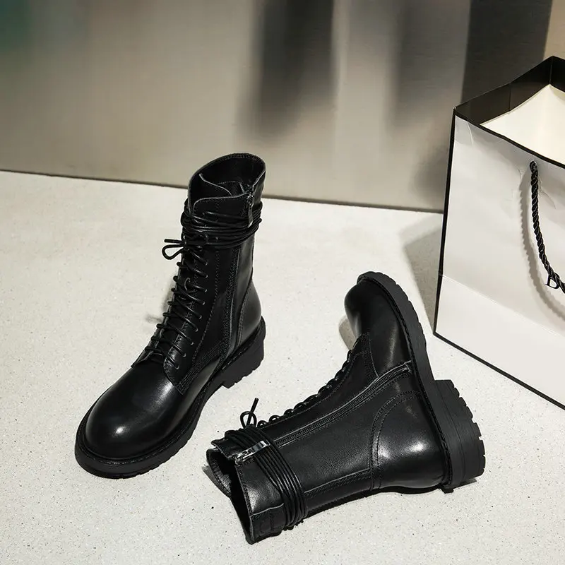 

2021 Genuine Leather Women's Ankle Motorcycle Boots roung toe Side Zipper Chunky High Heels autumn Winter Boots Shoes Woman