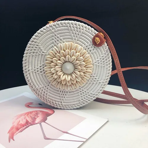 white bianhua 20X8 Высококачественная круглая сумка с вышивкой в виде ракушки, ручная Соломенная пляжная сумка-Кроссбоди, женская простая винтажная круглая сумка из ротанга - Цвет: white bianhua 20X8