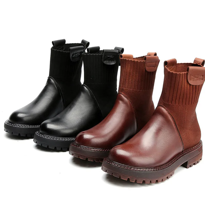 

New leather women boots 2019 Autumn winter casual boots thick women High-top Booties Retro British style Black women's shoes