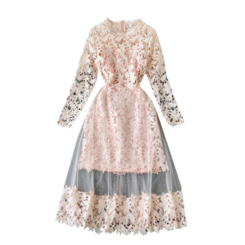 

Party Lace Hollow Out Women Dresses Autumn New Long-Sleeved Slim Knee-Length Lady Solid Sweet Style Clothing Top Quality