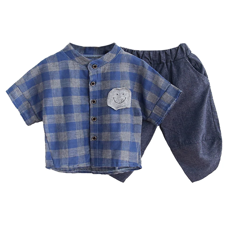 

2pcs Summer Boys Clothes Set Tops Blouse T-shirt+Denim Shorts Set Short Sleeve Plaid Print Clothing Casual Outfits Sets