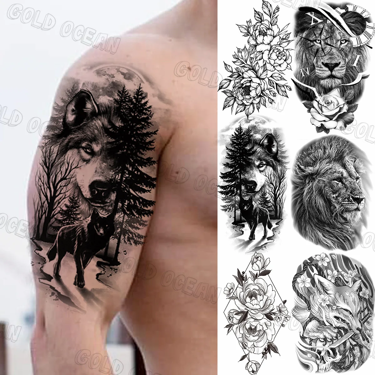 

Реалистичные временные татуировки с волчьим лесом для мужчин, женщин, мужчин, взрослые, Лев, Геометрическая лиса, искусственная татуировка, наклейка, водонепроницаемые татуировки на руку и спину