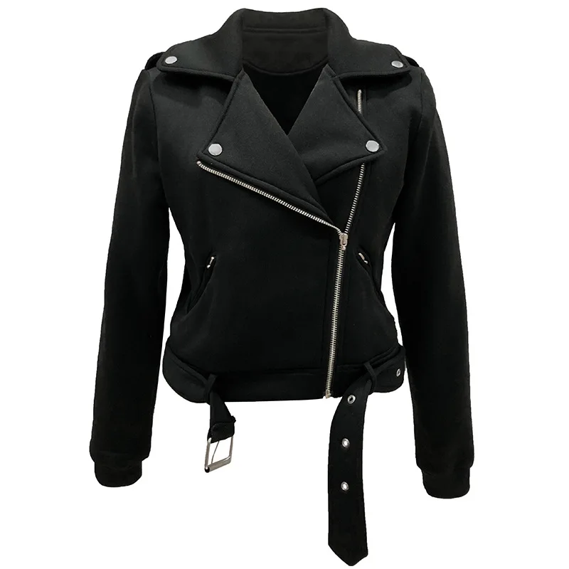 

Bomber Jacket Women Slim Short Style Black Coat Turn-down Collar Rivets Zipper Front Long Sleeve Jackets with Belt Windbreakers