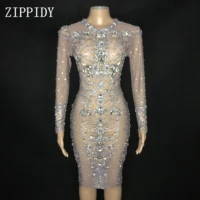 sparkly silver rhinestones see through dress prom party mesh outfit women dance dress birthday celebrate dress youdu