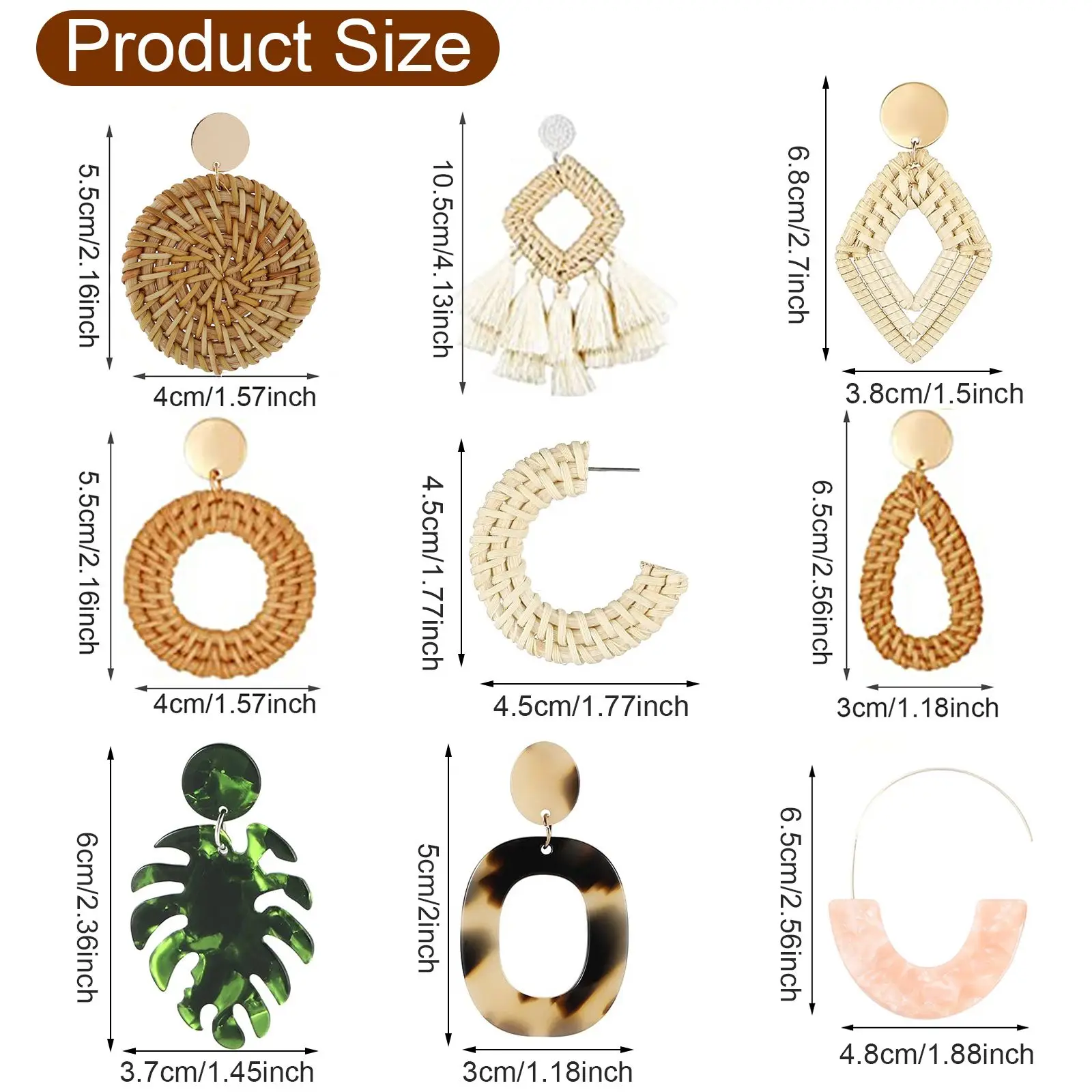 

9 Pairs Rattan Earrings,Bohemian Dangle Earrings,Tassel Earrings for Women Girls,Woven Earrings,Lightweight Acrylic Geometric,Ha