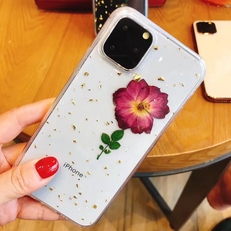 Новый чехол с розами для iphone 11 Pro Max прессованными цветами прозрачный мягкий из
