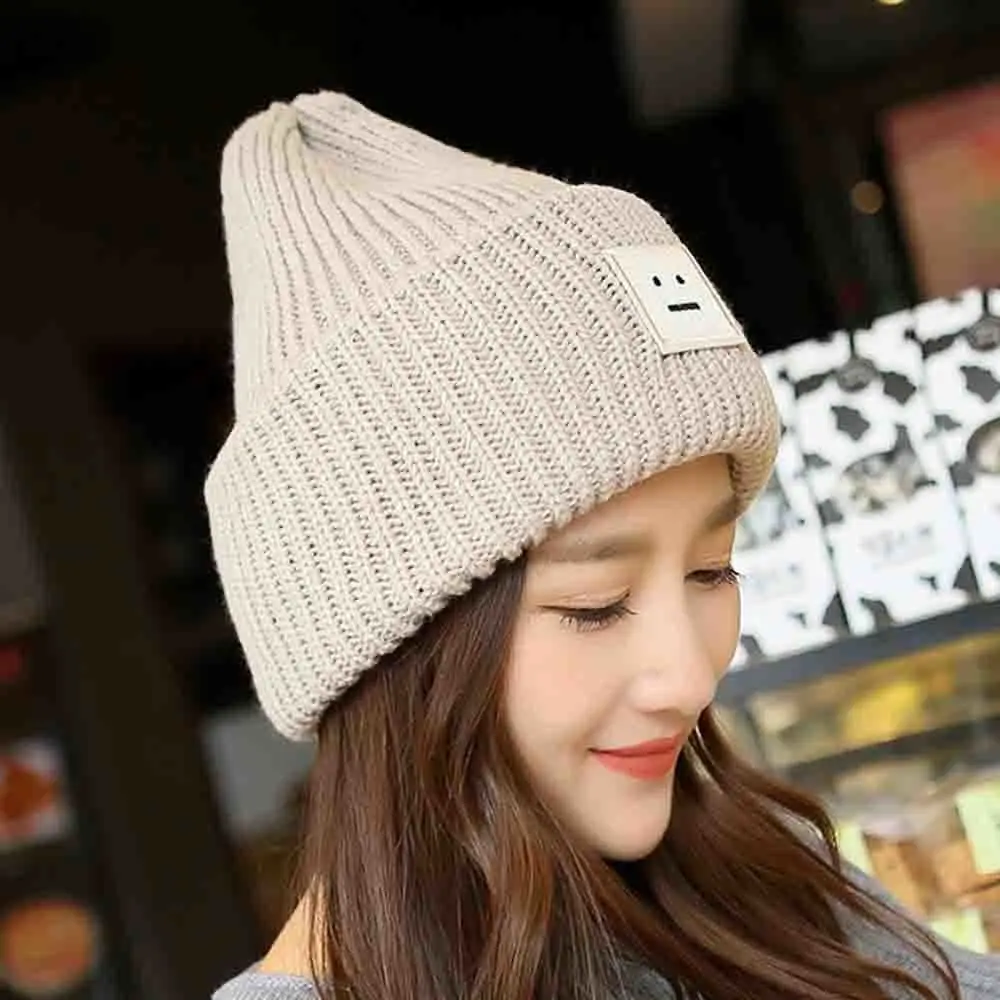 

Winter Knitted Hats For Women Girls Smiling Face Couple Cap Lady Knit Beanie Female Bonnet
