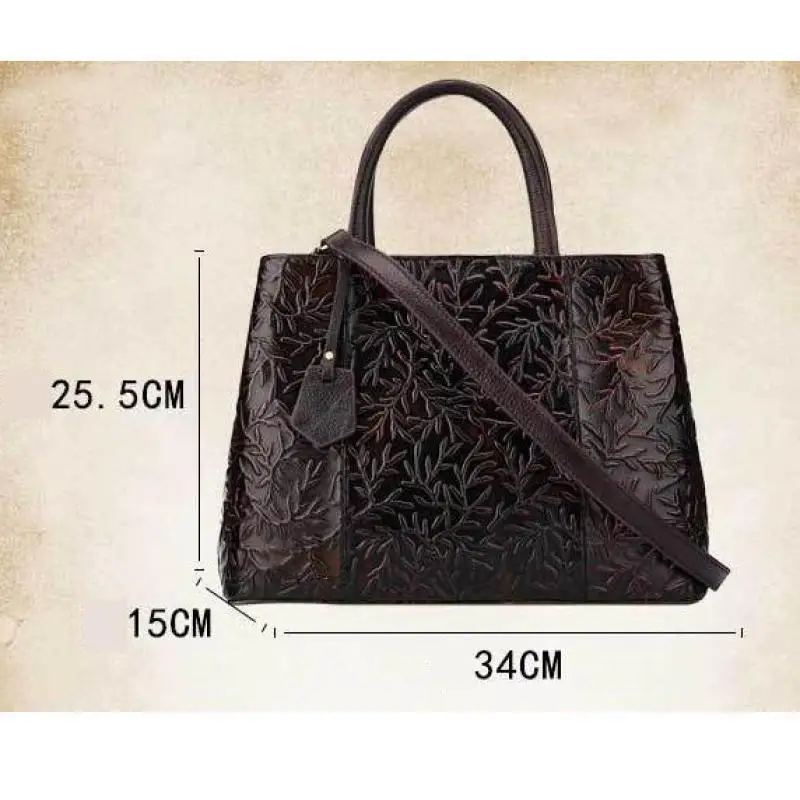 

Bestform 2021 New Handmade Vintage Casual Tote Genuine Leather Floral Embossing Leisure Women Shoulder&Handbags Large Capacity