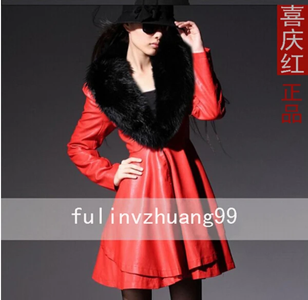 

2021 Free Shipping Spring New Ms. Sheep Skin Girls Long Paragraph Pu Leather Coat Fur Collar / S-7xl