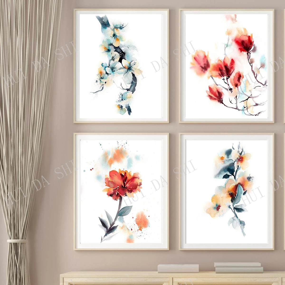 

Florals Painting 4 Prints Set, Gallery Wall Set of 4 Fine Art Prints - Florals and blossoms in red and blue colors