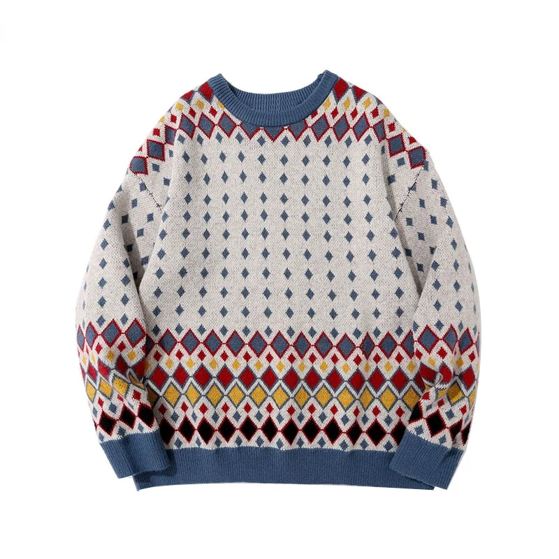 

2022 Streetwear Sweaters Knitted Argyle Geometry Color Block Jumpers Sweater Harajuku Loose Casual Knitwear Fashion Tops