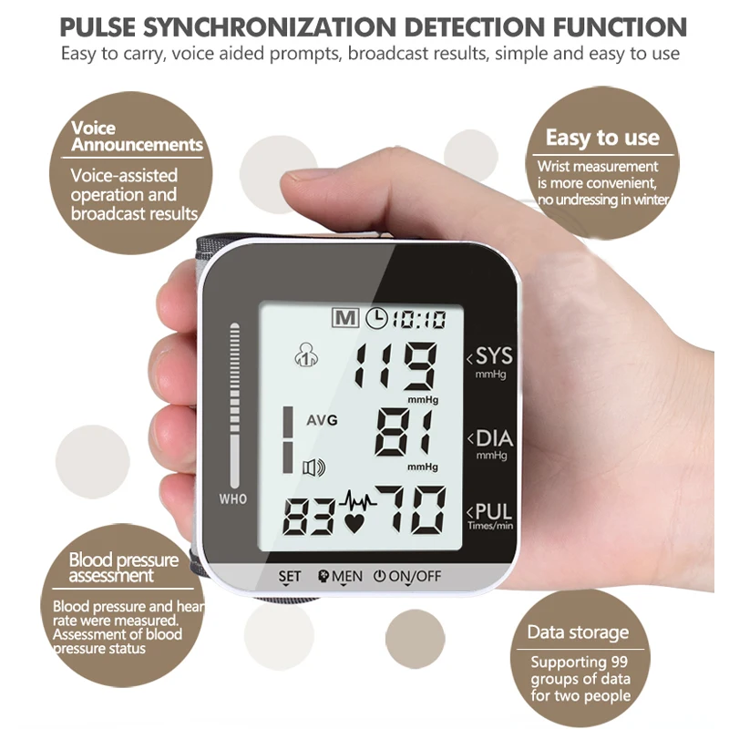 OLIECO Electric Wrist Blood Pressure Monitor Voice Broadcasting 2 Person Data Memory Big LCD Screen Tonometer Sphygmomanometer | Красота и