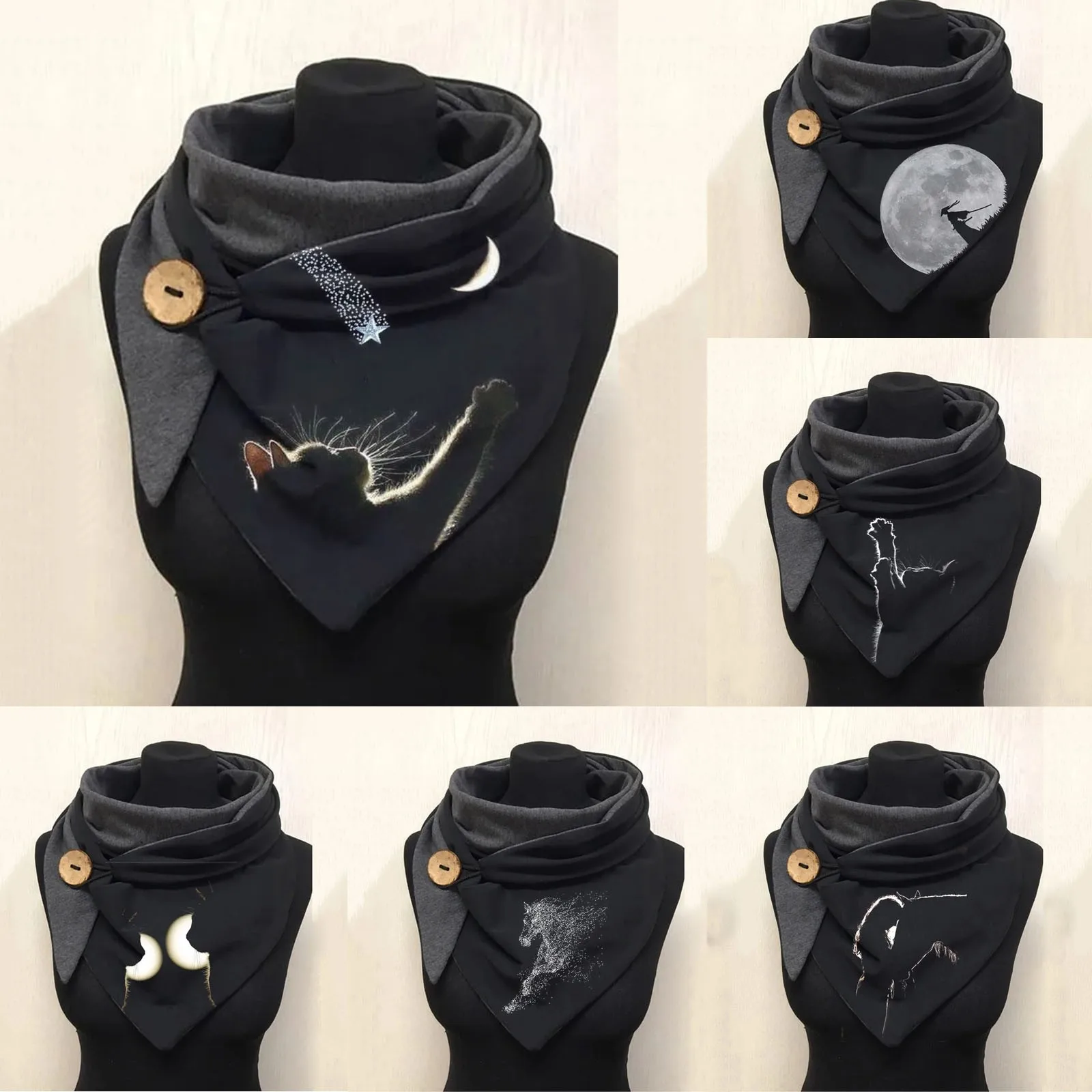 

2021 Women Winter Retro Designer Scarf Wraps Cartoon Cat Printing Button Soft Wrap Casual Warm Scarves Female Face Cover Scarves