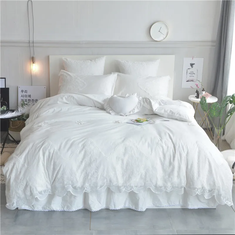 

Комплект постельного белья из 100% хлопка белого и серого цвета в Корейском стиле принцессы комплект постельного белья двуспального/королев...