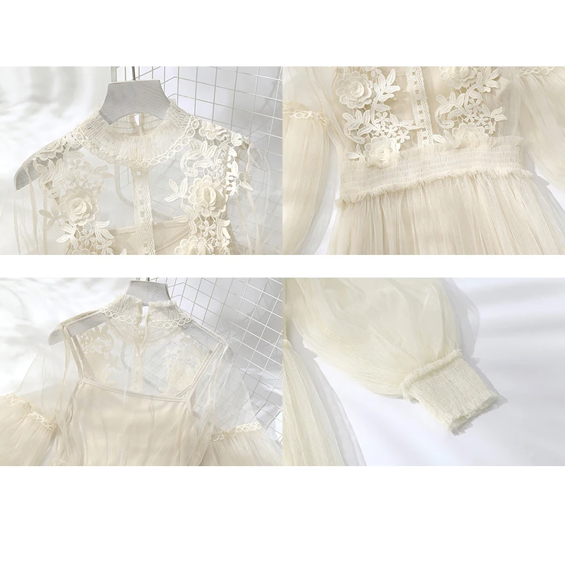 LUZUZI женское кружевное платье с цветочным рисунком Сетчатое летнее рукав фонарик вуаль длинное винтажный