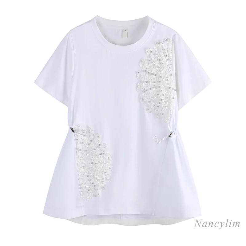 

Lace Splicing Beads Drawstring Waist Short Sleeve T-shirt Women's 2021 Summer Loose White Top Fashion Ropa Mujer