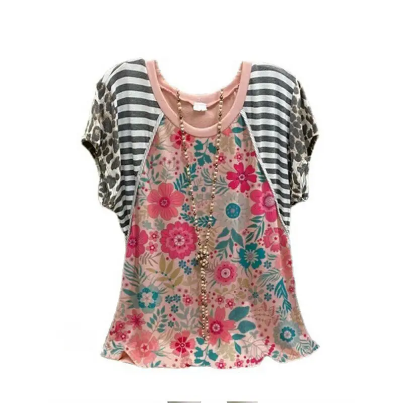 

Women Summer Casual Short Sleeve Crew Neck Tops Loose Flower Printed T-Shirts