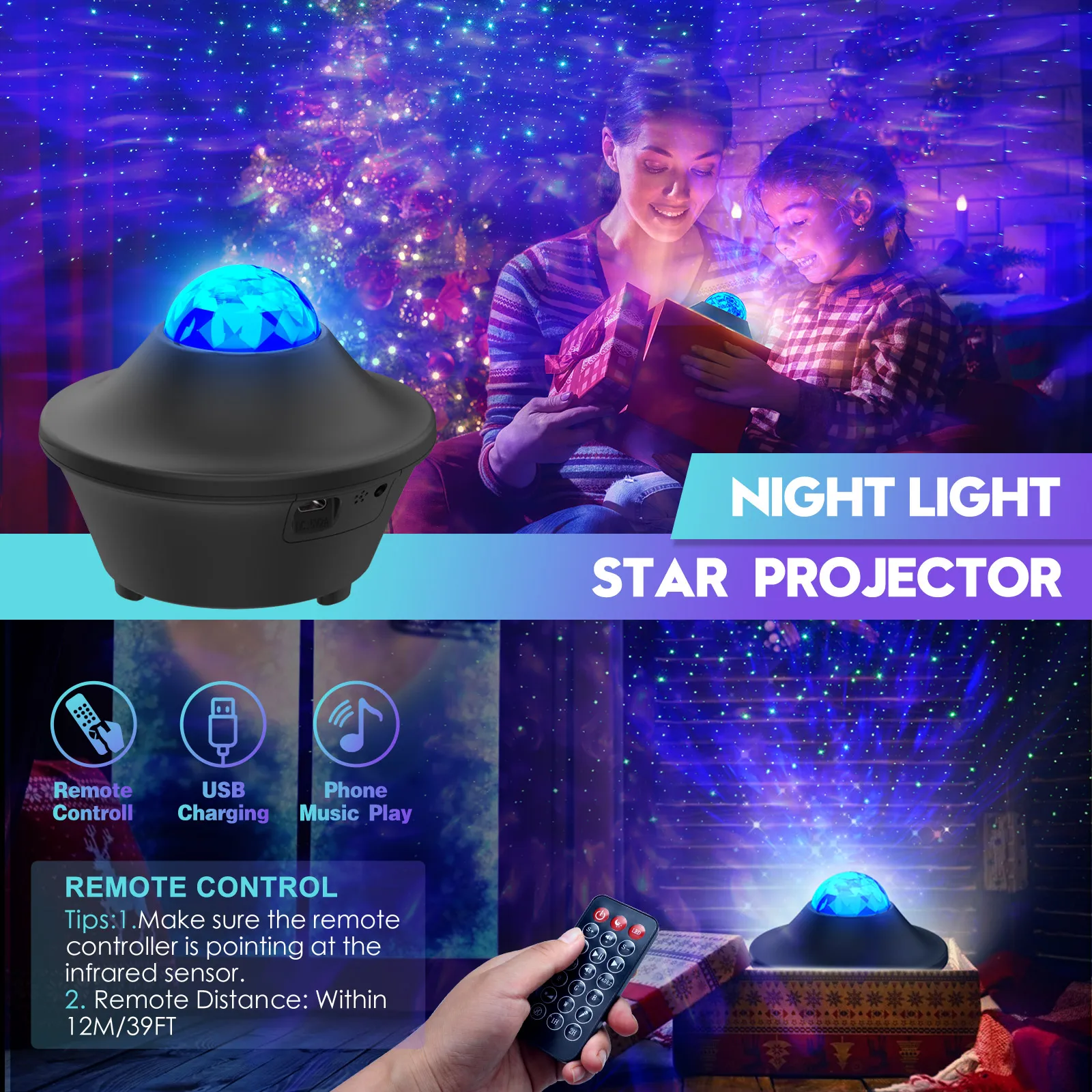 Colorful Starry Sky Galaxy Projector Nightlight Child Bluetooth Music Player Star Night Light Romantic Projection Lamp Kids Gift | Лампы и