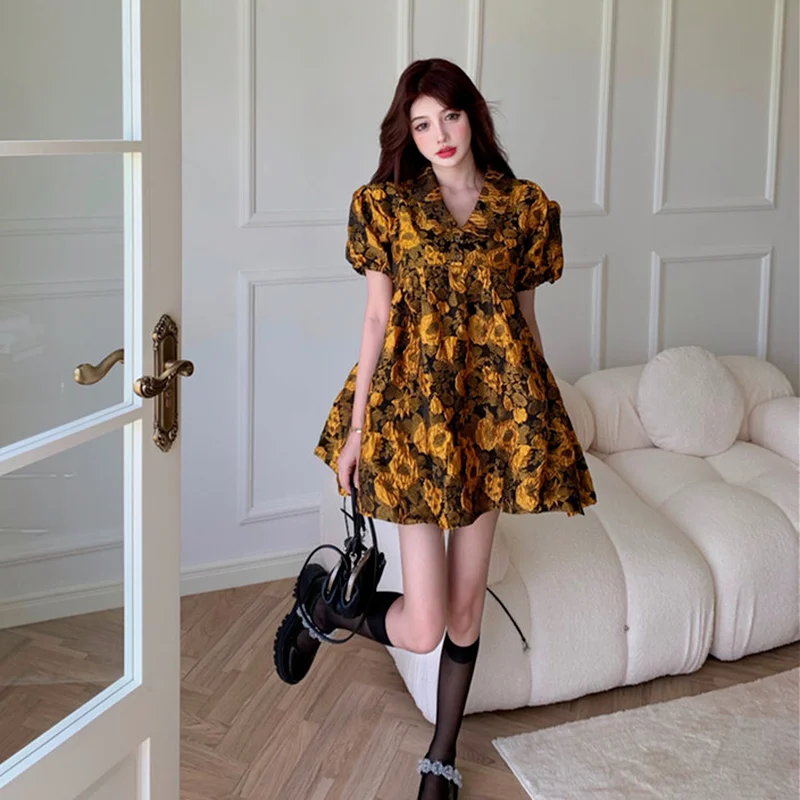 

Summer Vintage Floral Dress Women Puff Sleeve Chic Print Sweet Party Mini Dress Female Loose Casual Korean Retro Boho Dress 2021
