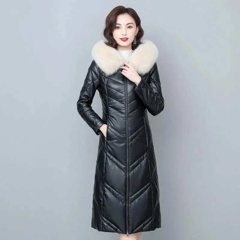 New Women Leather Down Jacket Autumn Winter 2022 Fashion Warm Hooded Real Fox Fur Collar Slim Long Sheepskin Down Coat  Female