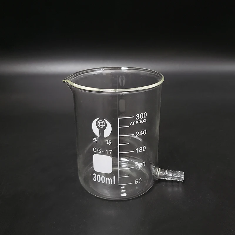 Beaker in low form with Lower tube,Capacity 300ml,Beaker with tubules,Outer diameter=77mm,Height=106mm,Laboratory beaker