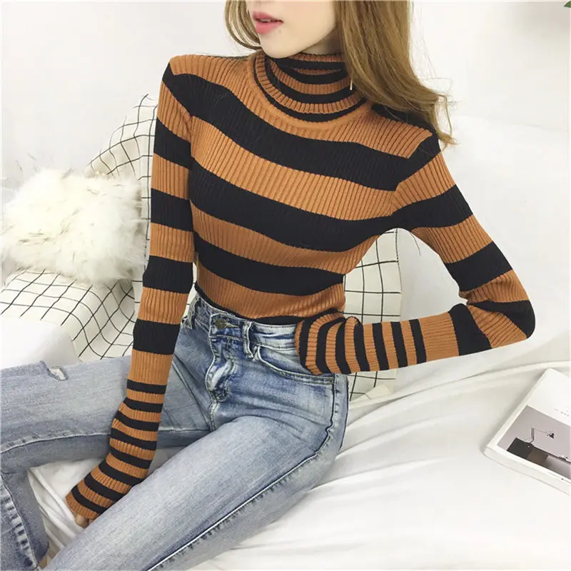 Woherb Casual Turtleneck Sweater Women Winter 2021 Knitted Pullover Korean Harajuku Striped Sweaters Pull Sueter Mujer 20105 | Женская