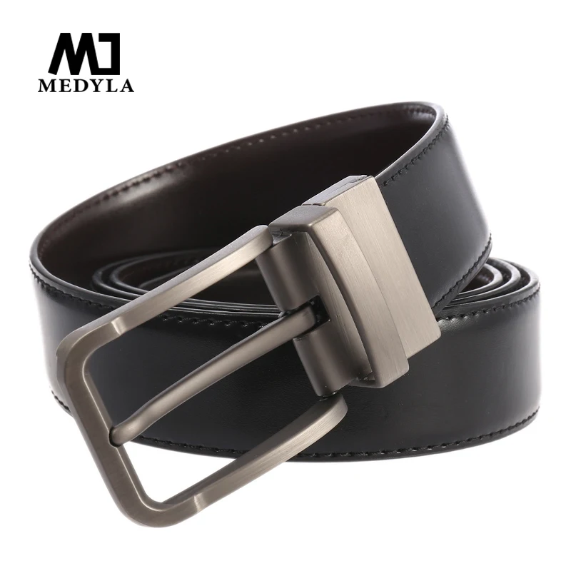 MEDYLA Men's Leather Belt Rotating Buckle Double Sided Available Pin Buckle High Quality Cow Genuine Leather Belts for Men