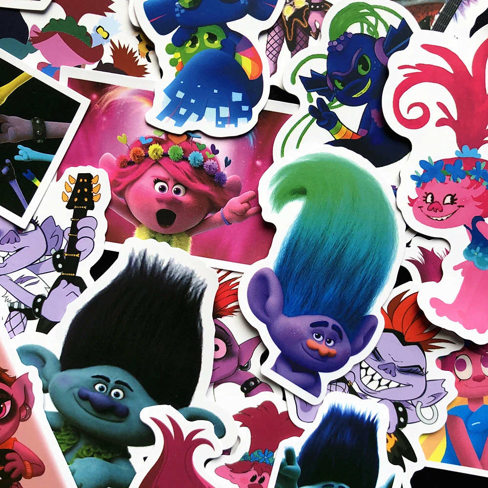 Pegatinas impermeables de Trolls de dibujos animados, funda de equipaje de guitarra, pegatinas de coche, pegatinas 3D bonitas de colecci&oacute;n de recortes, 50 Uds.-3
