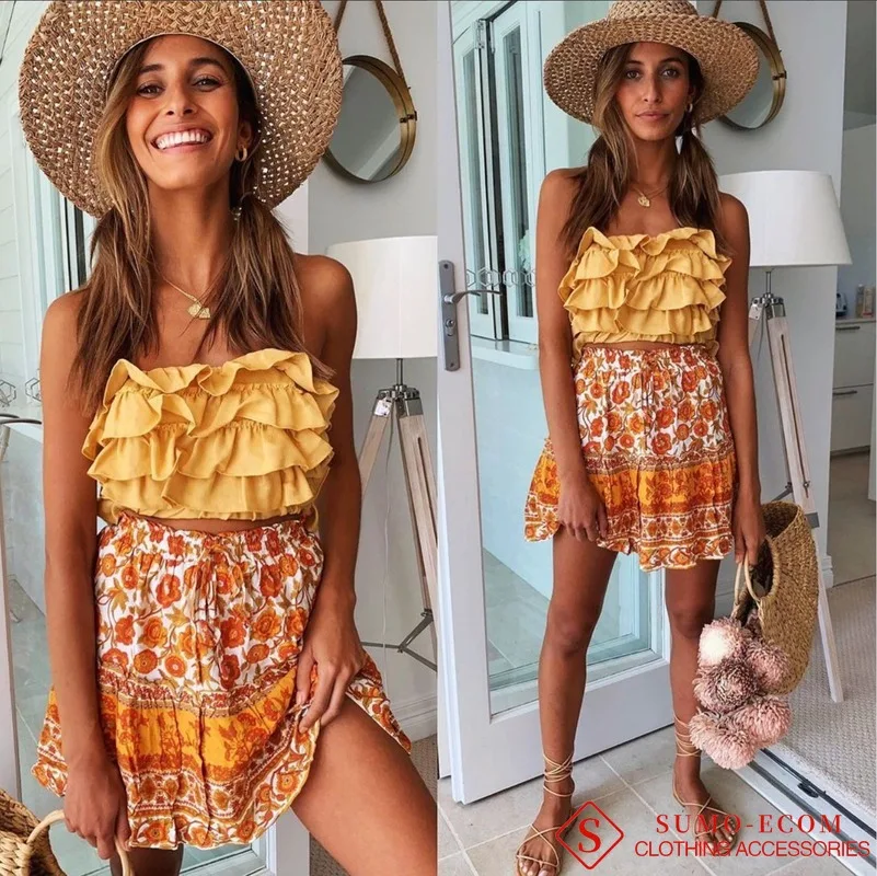 Женская короткая юбка в богемном стиле шифоновая плиссированная средней длины с