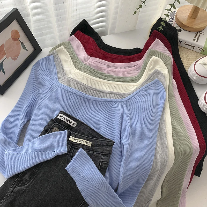 

Свитер женский осенний однотонный с квадратным вырезом и длинными рукавами, шерстяные трикотажные свитера