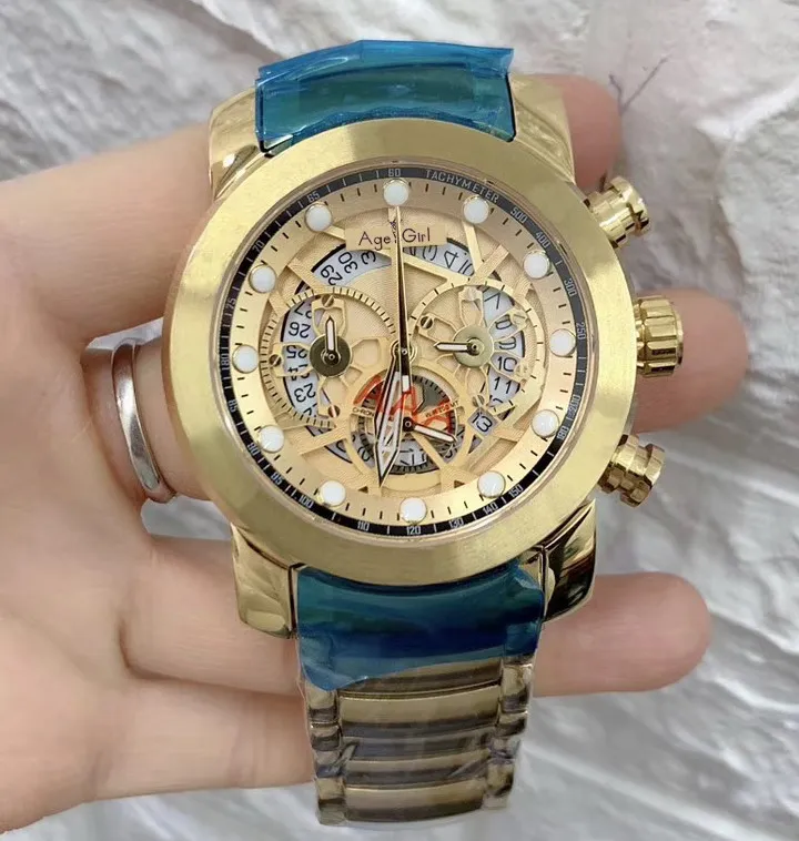 Yellow Gold Роскошные брендовые Новые мужские Хронограф Сапфир из нержавеющей стали желтый золотой серебряный черный синий светящийся Скелет водонепроницаемые спортивные часы - Цвет: Yellow Gold