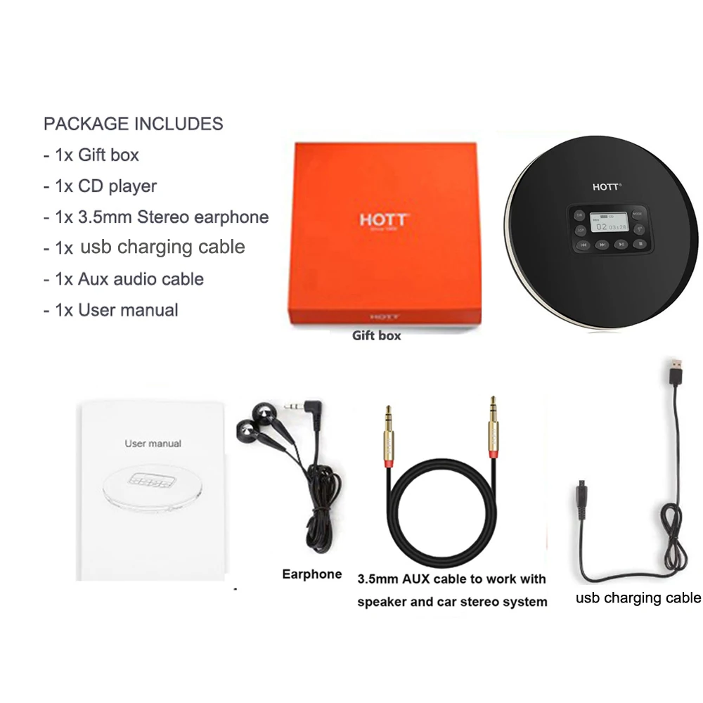 

HOTT 711 portable CD Player with Rechargeable Battery, LED display, personal CD walkman to enjoy music and audio book