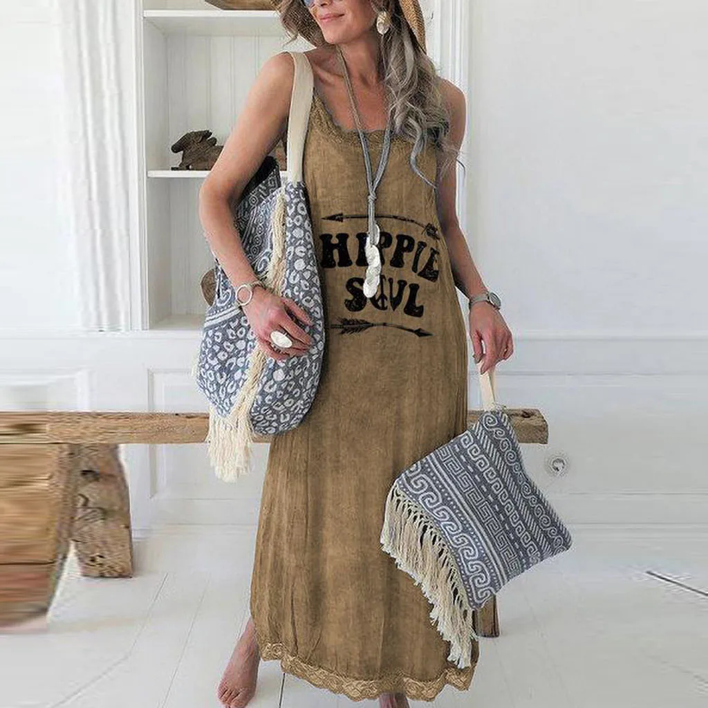 Летнее Длинное платье без рукавов женское Повседневное с круглым вырезом модное