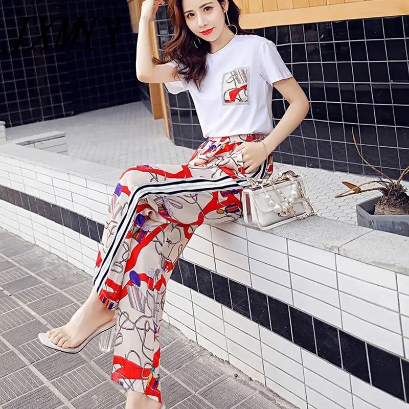 

JXMYY 2021 Fashion Casual Sports Suit Women Summer New Style Korean Version Of Printed Loose Wide-Leg Pants Two-Piece Women