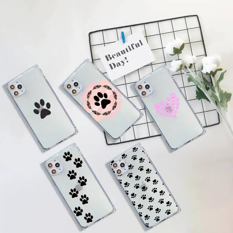 

Cat Dog Paw Animal Phone Case For iPhone 7 8 11 12 X XS XR MINI Pro Max Plus Clear Square Transparent