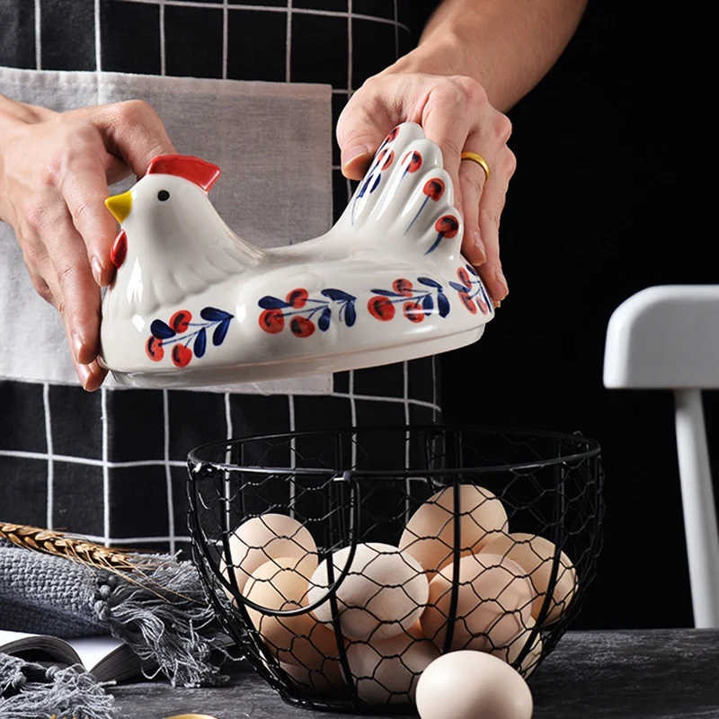 

Iron Egg Storage Basket Snack Fruit Basket Creative Collection Ceramic Hen Ornaments Decoration Kitchen Accessories