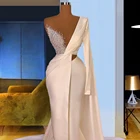 Женское атласное платье-Русалка, белое элегантное платье на одно плечо, с V-образным вырезом, вечерние платья из жемчуга
