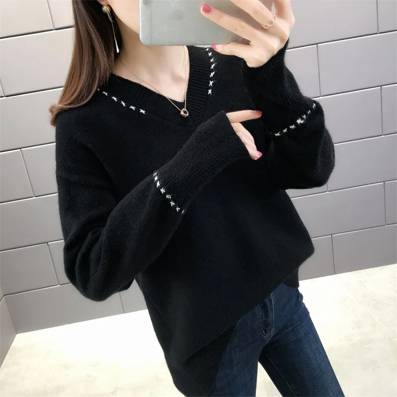 Женский модный свитер с v-образным вырезом тонкий вязаный женский пуловер |