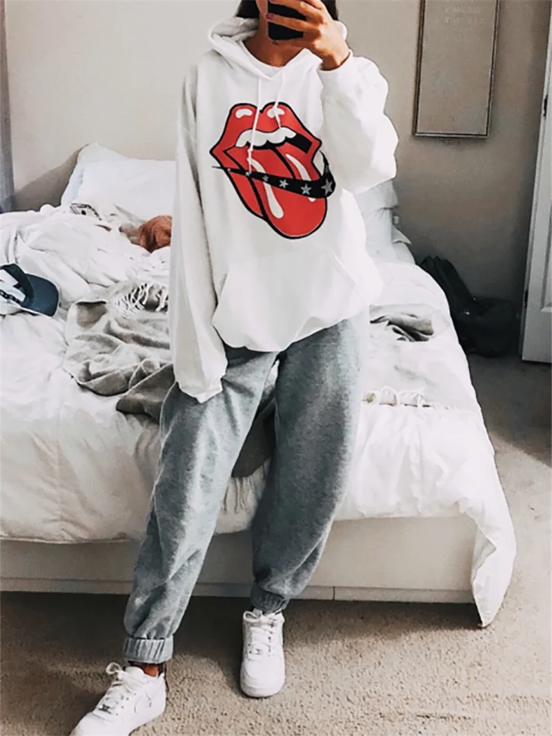 Женская толстовка модная длинный рукав свободная с капюшоном большим ртом