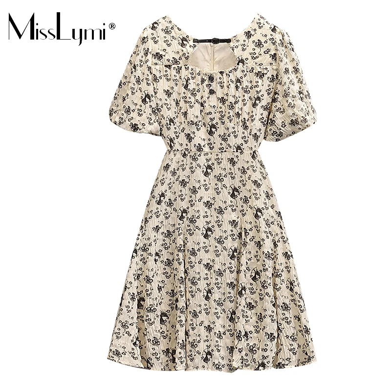

4XL Plus Size Women French Floral Short Dress Summer 2021 Retro Hollow Square Collar Short Sleeve Print High Waist A-line Dress