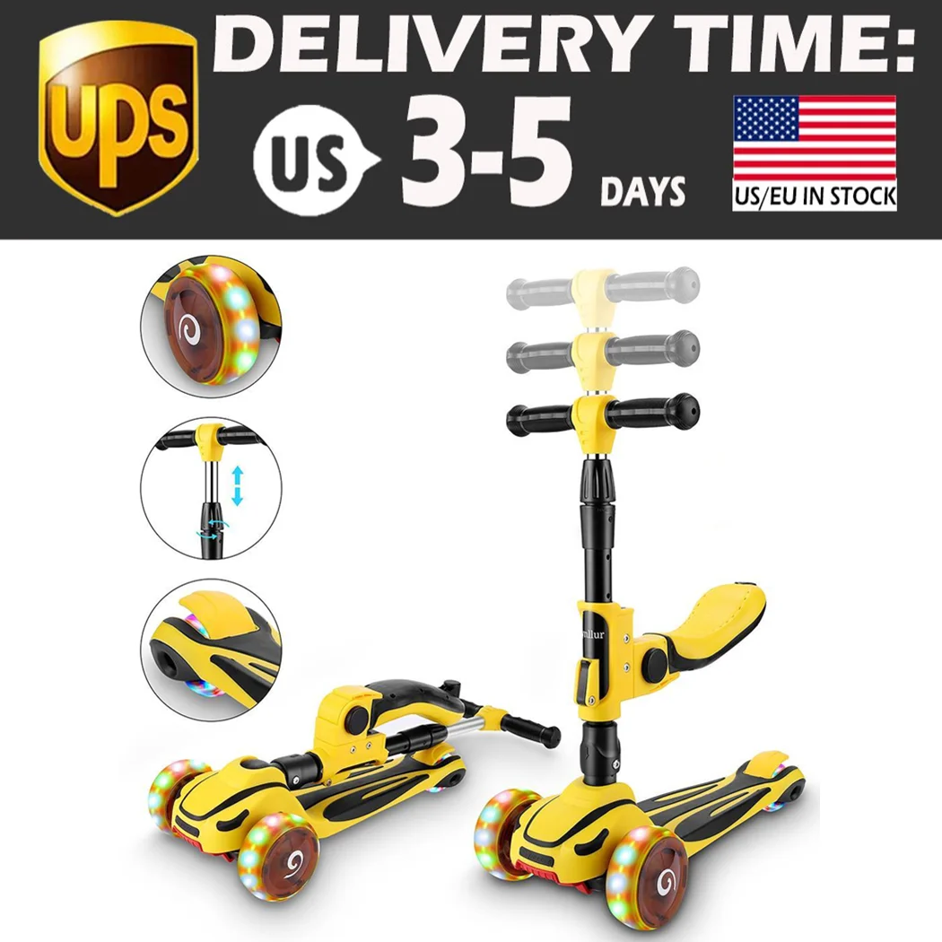 

Kids Adjustable Height Kick Scooter Flashing Wheels 3 Wheels With Foldable Seat Yellow Black Unfold Size: 11.0x20.5x30.7inch