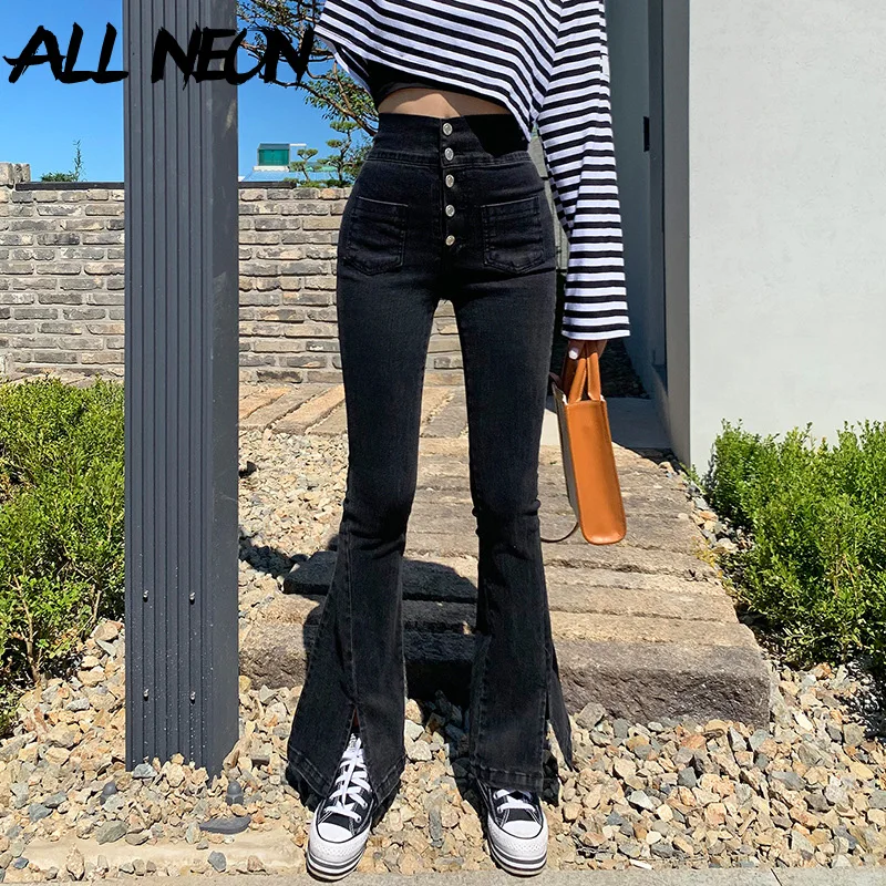 

ALLNeon Y2K Fashion 90s Button Up High Waist Denim Flare Pants Grunge Punk Streetwear Slit Full Length Black Jeans Slim Women