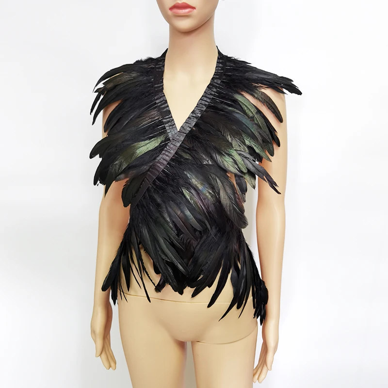 Black Iridescent Rooster Feather Shawl Scarf Shoulder Wraps Shrug Punk Gothic Party Halloween Carnival Rave Show Decor |