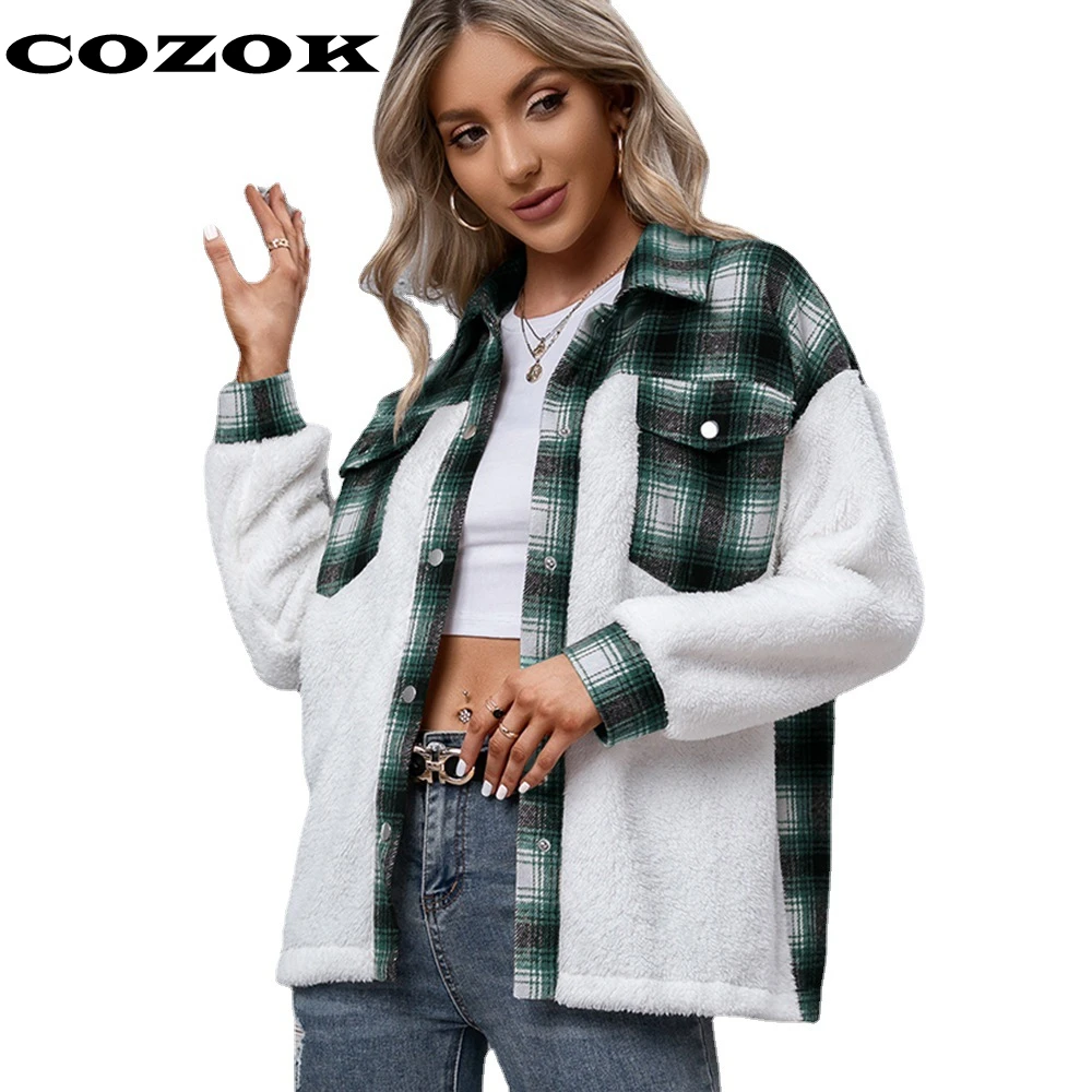 

COZOK 2021 New Autumn Green Plaid Jacket Women Fleece Jacket Plush Coat Ladies Warm Overshirt Winter Checkered Harajuku Coat