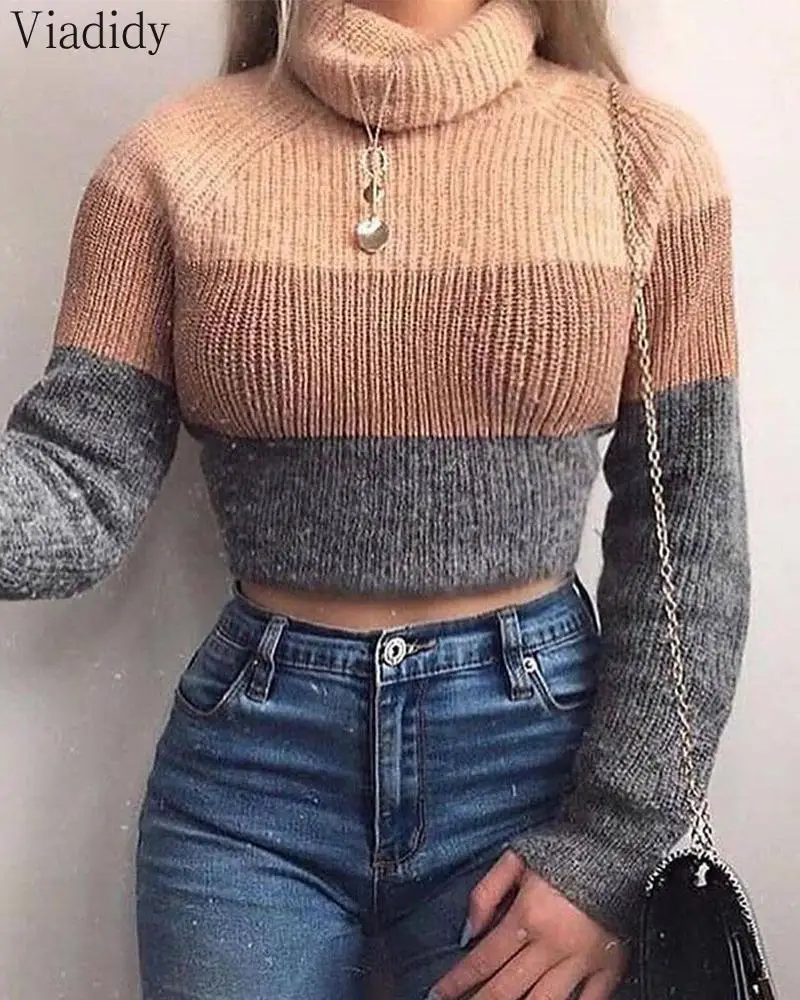 

Women Winter Turtleneck Long Sleeve Striped Casual Short Sweater