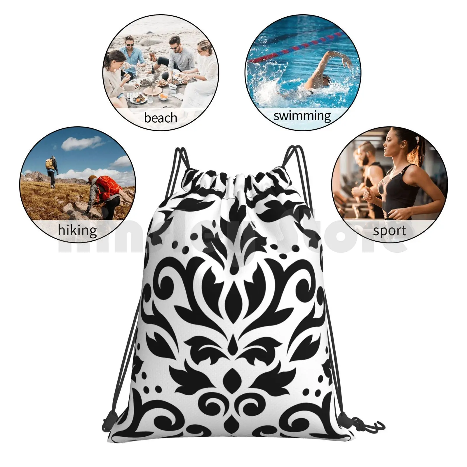 

Scroll Damask Large Pattern Black On White Backpack Drawstring Bag Riding Climbing Gym Bag Black And White Monochrome Damask