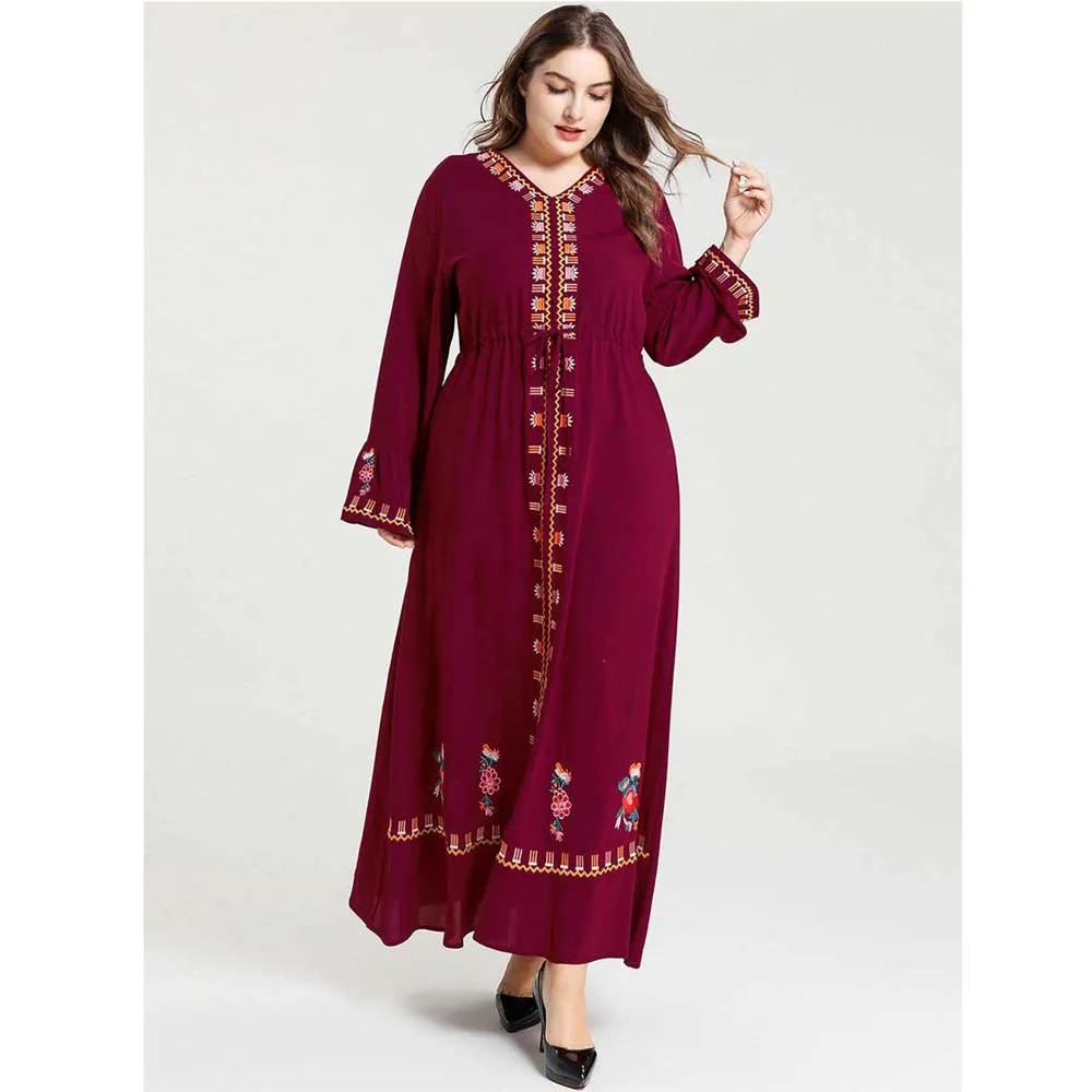 

2021 Spring Muslim Women Long Dress Embroidery Ethnic V-neck Loose Casual Islamic Ramadan Maxi Robe Gown Vintage Turkish Fashion