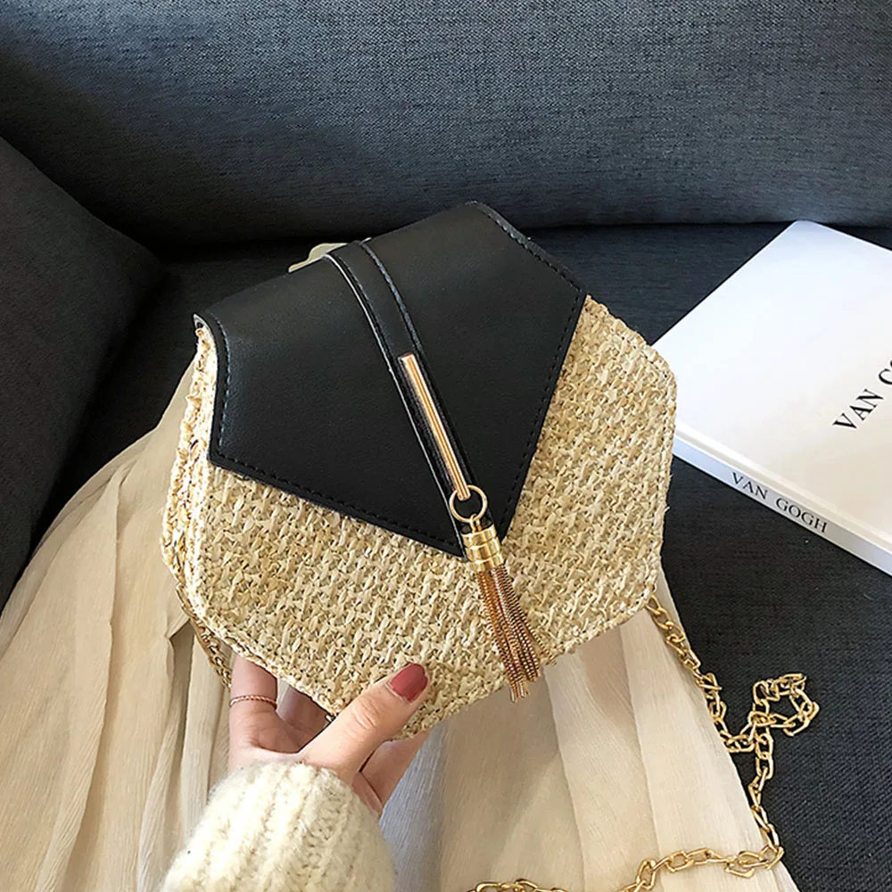 

Сумка на ремне для женщин, стильная шестиугольная Плетеная соломенная и кожаная сумочка ручной работы, пляжный круглый богемный мешок на пл...