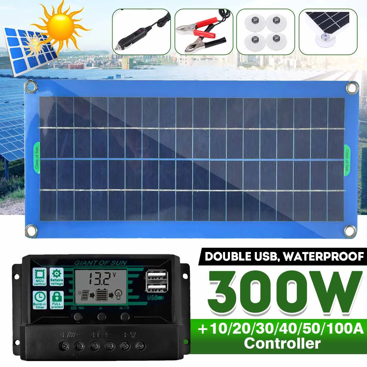 

Набор солнечных панелей 300 Вт, двойной разъем USB, 12/5 В постоянного тока, с контроллером зарядки 60 А, 100 А, для зарядки батарей на яхте, в машин...
